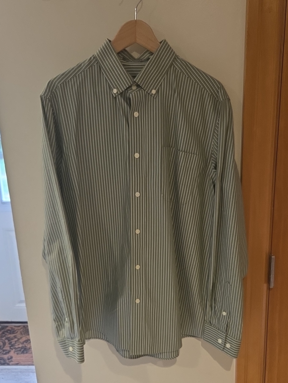 Eddie Bauer Olive Green and White Striped Button-Down Shirt